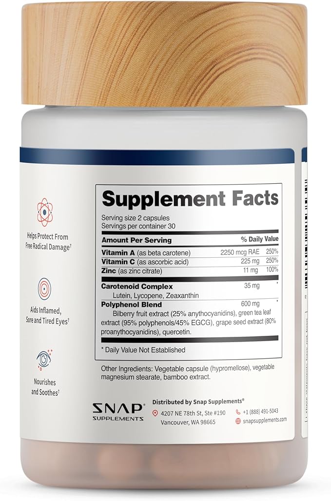 Snap Supplements Eye Health Capsules with Lutein Zeaxanthin Bilberry &amp Lycopene – Supports Vision Eye Function &amp Overall Eye Health – 60 Capsules
