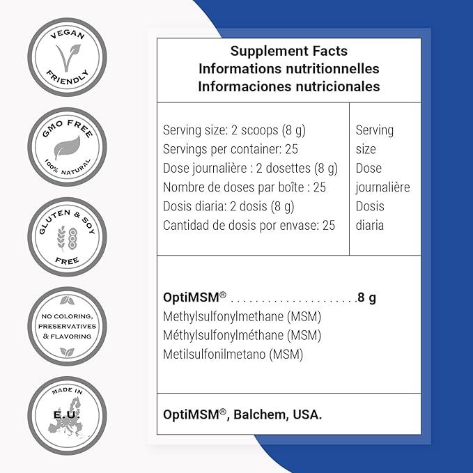 Supersmart - OptiMSM (Methyl-Sulfonyl-Methane) - Patented High Purity Formula | Non-GMO &amp Gluten Free - 200 g