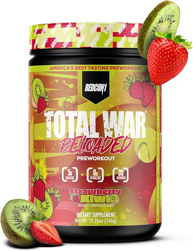 REDCON1 Total War Reloaded Pre Workout Strawberry Kiwi - Creatine Beta Alanine + L-Citrulline Malate Keto Friendly for Men &amp Women with 350mg of Caffeine - Fast Acting (30 Servings)