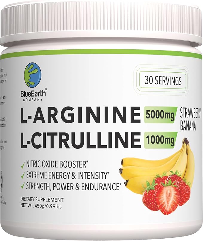 L-Arginine 5000mg + L-Citrulline Complex Powder Supplement Drink Mix - Nitric Oxide Booster for Heart Health Blood Flow &amp Energy - 30 Servings (Strawberry Banana)