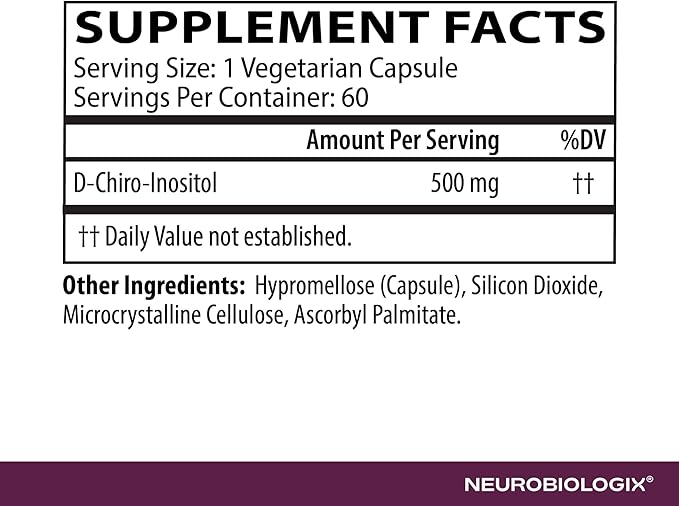 Neurobiologix D-Chiro Inositol 500 MG High-Potency Inositol Supplement Energy &amp Hormone Balance for Women &amp Men Supports Metabolic Function Dairy &amp Gluten Free Non GMO 60 Vegetable C