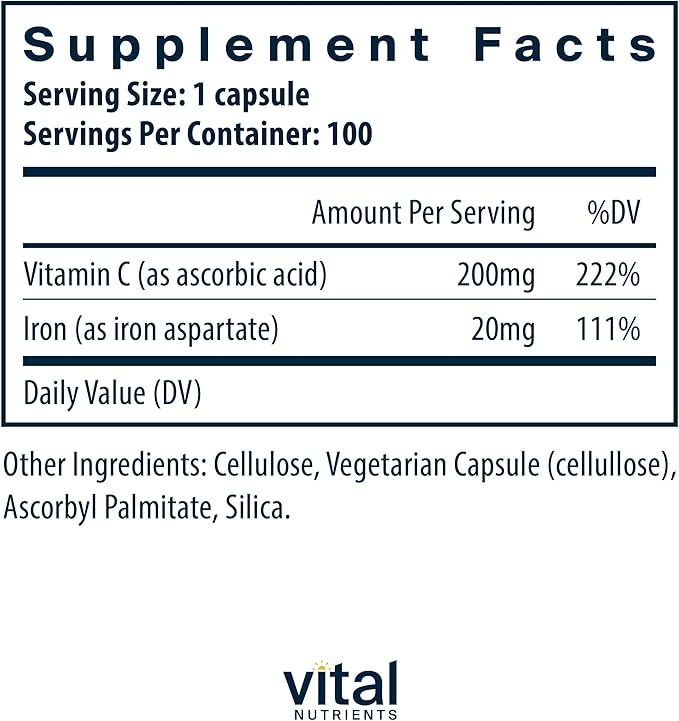 Vital Nutrients Iron Plus C - Vegan Iron Supplement - 20mg Fe with 200mg Vitamin C to Increase Fe and Energy Levels - Gluten Dairy Soy Free - Non-GMO - 100 Capsules