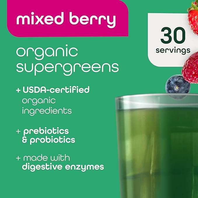 Zena Nutrition Organic Super Greens Powder 70+ Superfoods 0 Sugar 3G Fiber Spirulina Chlorella Antioxidants Prebiotics/Probiotics Digestive Enzymes Mixed Berry 30 Servings