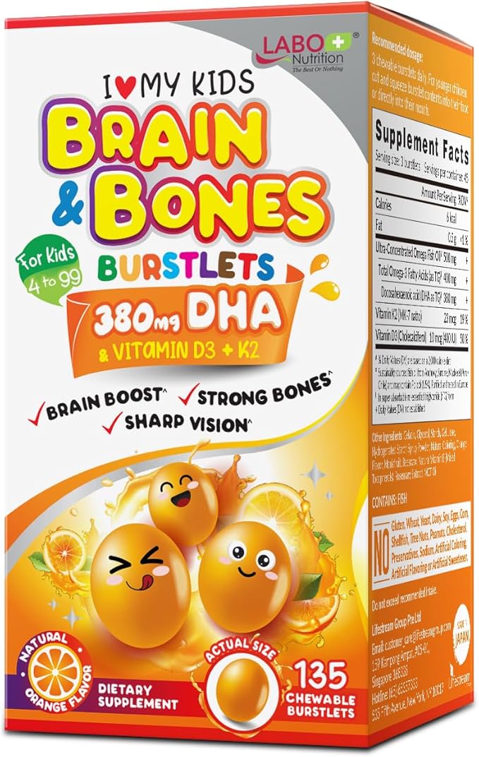 LABO Nutrition I My Kids Brain &amp Bones Chewable Burstlet Gluten Free for Stronger Bones &amp Behavioral Management 76% Ultra-Concentrated rTG Form Omega 3 DHA Fish Oil Vitamin D3 &amp K2 Or