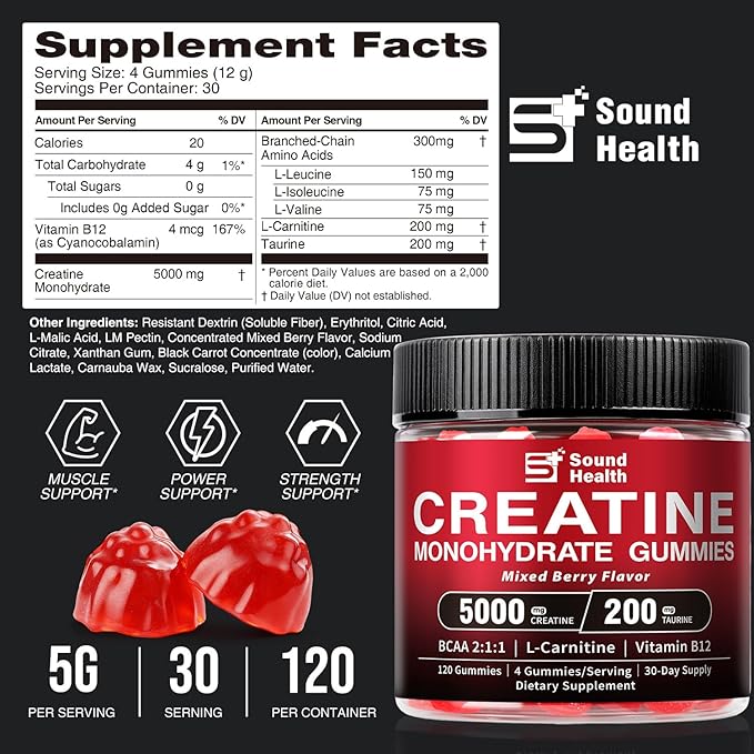 Creatine Nutritional SupplementMixed Berry Flavor Chewable 120 Count 5g Daily Serving Sugar Free Creatine Gummies for Men and Women