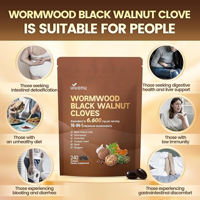 VivoNu Black Walnut Wormwood Clove Capsules Cleanse Detox Intestinal Guard Supplement for Humans 18-in-1 Herbal Blend with Pumpkin Seed Garlic Berberine Cinnamon &amp More 2 Bag