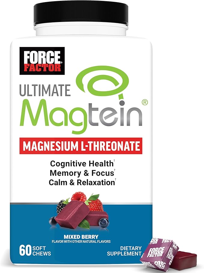 Force Factor Ultimate Magtein Magnesium L-Threonate 2000mg Support Cognitive Function Focus Memory &amp Relaxation Magnesium Threonate Mixed Berry 60 Soft Chews