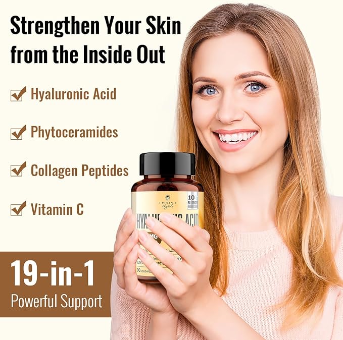 19-in-1 Hyaluronic Acid Capsules - Hylunaric Acid 1200 mg with Collagen Peptides Vitamin C Phytoceramides - for Skin Eyes Gastrointestinal Bones Support (1 Pack)