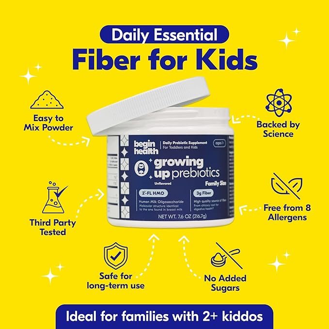 Begin Health Growing Up Prebiotics for Kids | Daily Prebiotic Fiber Supplement with 2'-FL HMO | Supports Regularity &amp Gut Health | Unflavored Powder | Ages 1+ | 56 Servings
