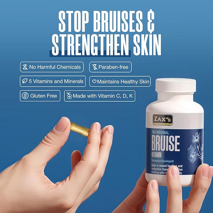 ZAX'S Bruise Vitamin Pharmacist Developed Bruising Supplements Potent Bruising Swelling Reducer Zinc Vitamin K D3 Ascorbic Acid Citrus Bioflavonoids 60 Caps Combine Arnica Bruise Cream