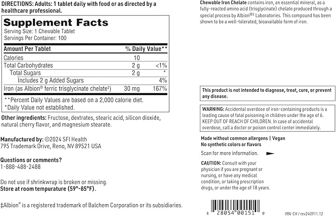 Klaire Labs SFI Health Chewable Iron Chelate - 30 Milligrams Elemental Iron Easy on The Stomach &amp Hypoallergenic Natural Cherry Flavor (100 Tablets)