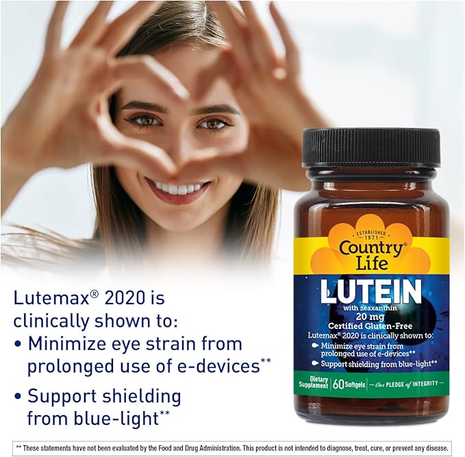 Country Life Lutein 20 mg Supplement - Certified Gluten-Free - Eye Health Support with Lutein and Zeaxanthin - Reduces Eye Strain from Screens - No Yeast Corn Wheat Milk - 60 Softgels