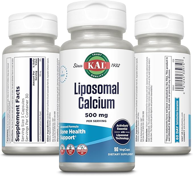 KAL Liposomal Calcium 500 mg High Absorption Calcium Supplement Essential Calcium Support Vegan Gluten Free No Soy 30 Servings 90 VegCaps