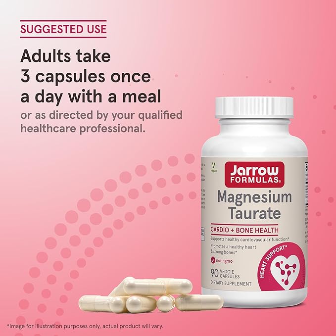 Jarrow Formulas Magnesium Taurate Dietary Supplement Supports Cardio and Bone Health 300 mg per Servings 90 Veggie Capsules Up to a 30 Day Supply