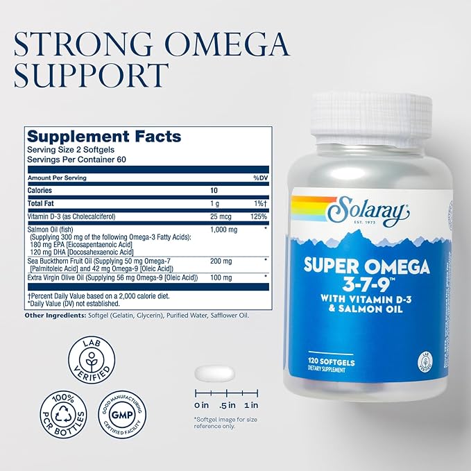 SOLARAY Super Omega 3 7 9 Supports Healthy Skin More EPA DHA Essential Fatty Acids from Fish Oil Mini Softgel 120ct