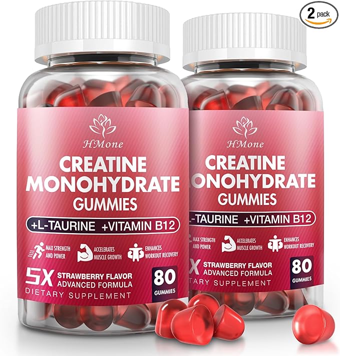Creatine Monohydrate Gummies - 5g for Men &amp Women 160 Count and Creatine Chewable Supplements for Muscle Gain Muscle Strength Energy Boost and Muscle Builder Sugar Free Vegan (Strawberry)