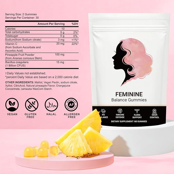 Feminine Balance Gummies for Women Premium Hawaiian Pineapple Gummies with Vitamin C – Supports Women pH Balance Healthy Odor Flora Immune &amp Vaginal Health – Vegan Gluten-Free 60 Count