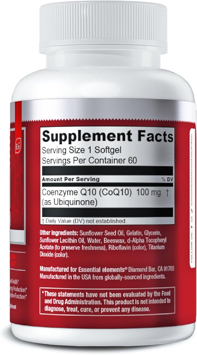 Essential Elements CoQ10 100mg Softgels for Heart Brain and Vascular Support - Comprehensive Coenzyme Q10 Supplement Formulated for Optimal Absorption - 60 Count 2 Month Supply