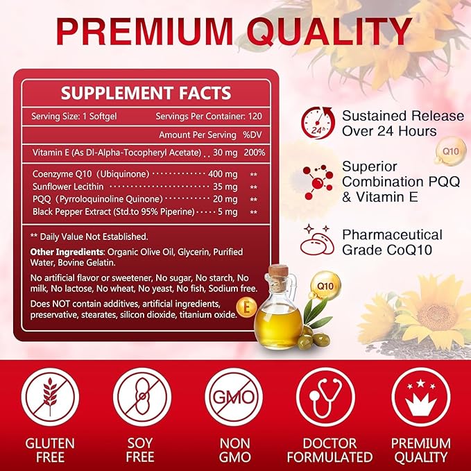 NATURE TARGET CoQ10-400mg Plus PQQ with Vitamin E &amp Organic Olive Oil - Coenzyme-Q10 with BioPerine - High Absorption Antioxidant-for-Heart-Health and Energy Production120 Servings