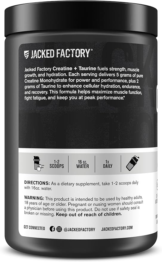 Jacked Factory Creatine + Taurine - Creatine Monohydrate 5000mg with Taurine 2000mg for Increased Muscle Strength &amp Cellular Hydration - 60 Servings Unflavored