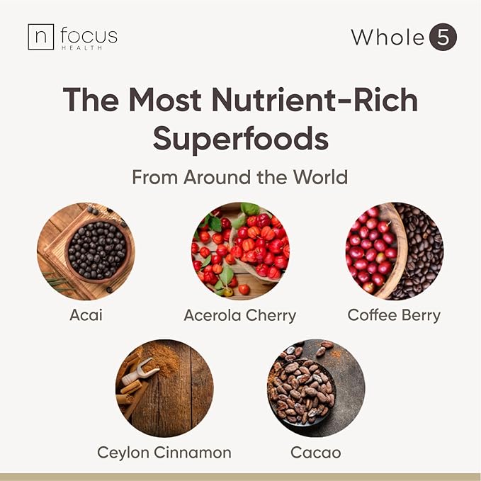 Whole5 Antioxidant Superfood Powder | Longevity Mix w/Acai Acerola Cherry Coffee Fruit Ceylon Cinnamon &amp Cacao | Smoothie Shake &amp Bowl Add-Ins | 8000mg per Scoop | 30 Servings