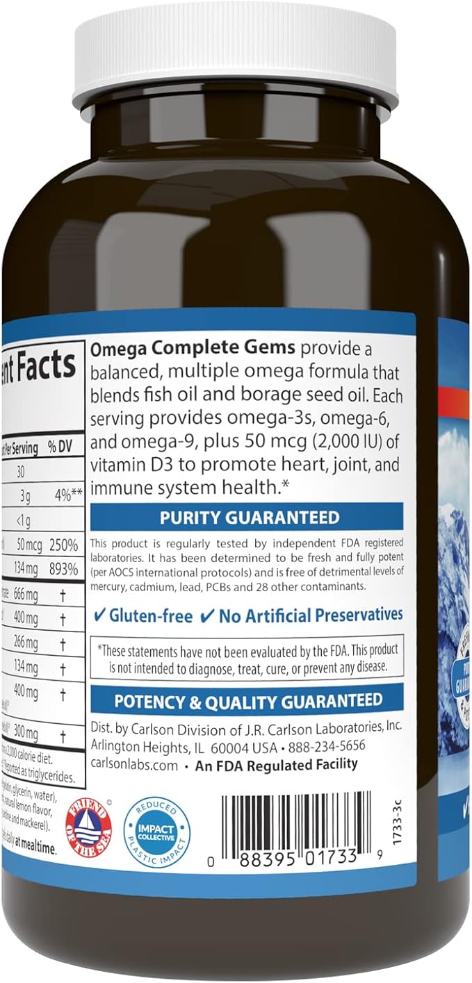 Carlson - Omega Complete Gems Omega-3-6-9 Wild Caught Sustainably Sourced Heart Health Joint Function &amp Immune Support 180 Softgels