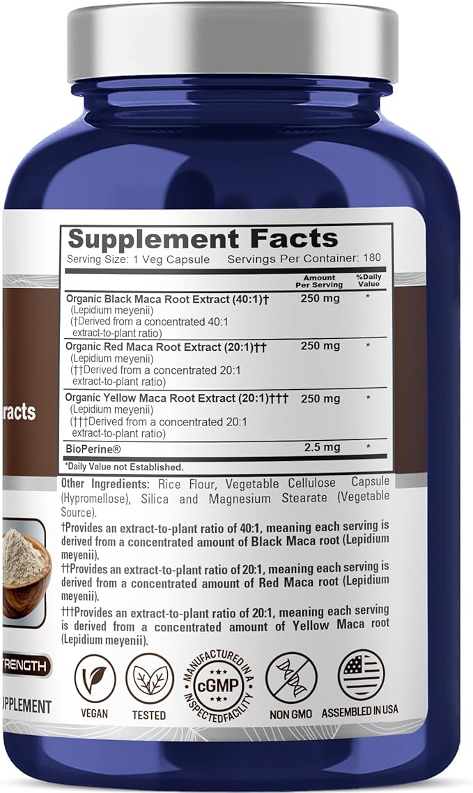 NusaPure Maca Root Black Red Yellow Capsules 750 mg 180 Veg Capsules (Non-GMO Vegan)