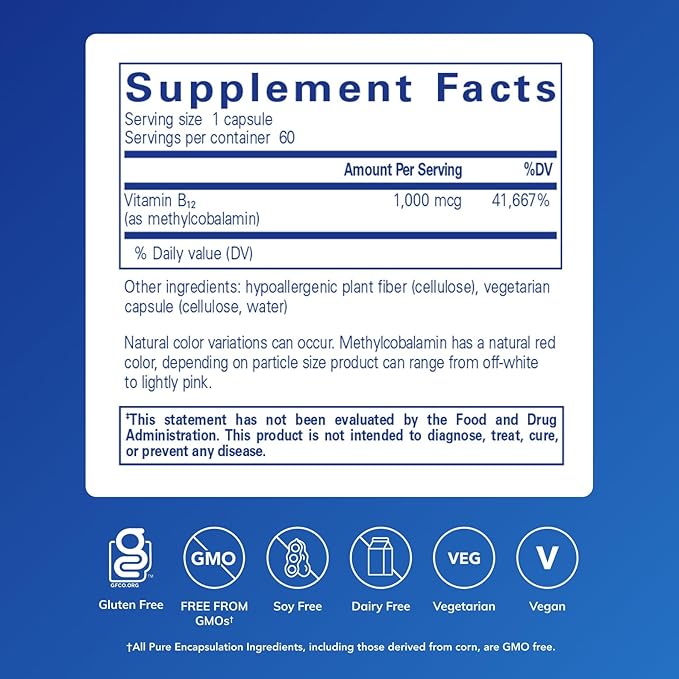 Pure Encapsulations Methylcobalamin 1000 mcg - Vitamin B12 Supplement to Support Memory &amp Nerve Health - Premium Vitamin B12 Capsules - 60 Capsules