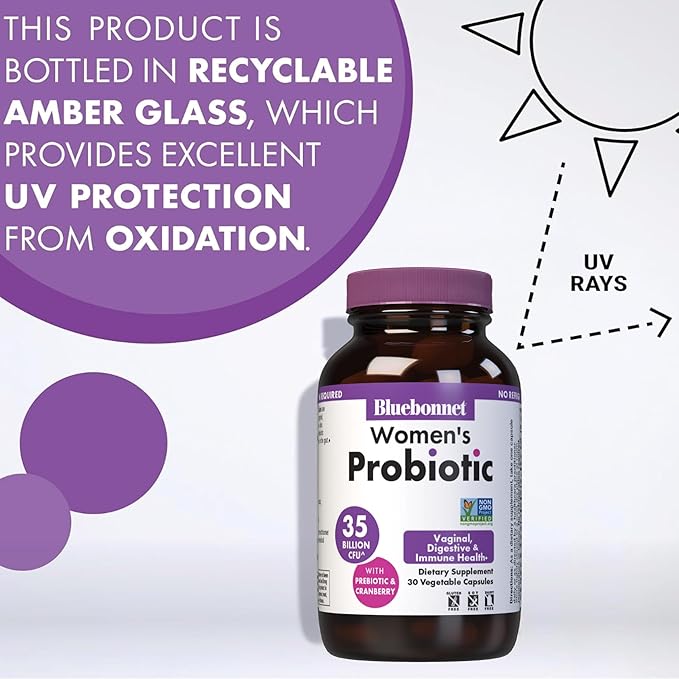 BlueBonnet Nutrition Women’s Probiotic 35 Billion CFU^ Shelf Stable - Urinary Tract Vaginal pH Digestive Immune* - Prebiotic and Cranberry - Non-GMO Free of Dairy Gluten &amp Soy - 30 Servings