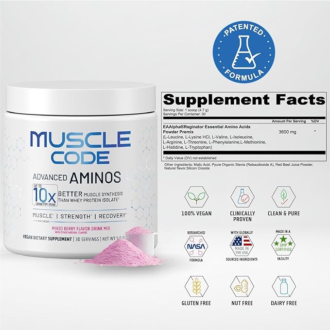 NAUTILUS Muscle Code Essential Amino Acid Powder Muscle Synthesis &amp Repair &amp Strength Natural Mixed Berry Flavor – 30 Servings Clinically Studied 0g Sugar Keto Vegan Gluten Free Dairy Free