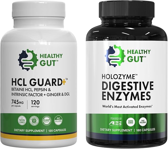 Healthy Gut HCL Guard 120 Capsules and HoloZyme Digestive Enzymes 180 Capsules