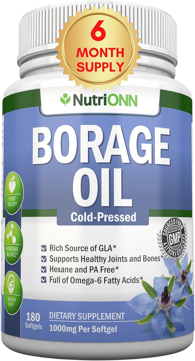 Borage Oil - 1000 mg - 180 Softgels - Cold Pressed High GLA Borage Seed Oil - Hexane and PA Free - Great for Skin Hair and Bones.