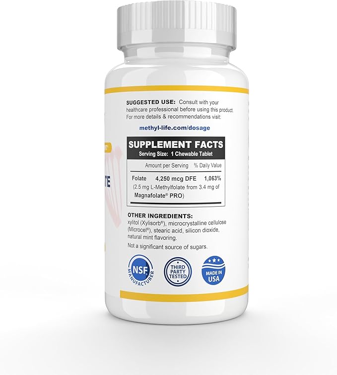 Methyl-Life® L-Methylfolate 2.5 mg – Chewable Active Folate Tablets with ultrapure Methylfolate (L-5-MTHF Calcium) – Gentle Daily B9 Support – Vegan Non-GMO Gluten-Free – 90 Tasty Chewables