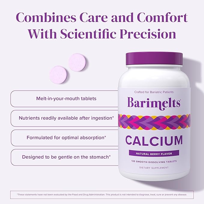 BariMelts Calcium Citrate with Vitamin D3 &amp Magnesium 120 Smooth-Dissolving Tablets (1-Month Supply) Bariatric Calcium Supplements for Women Natural Berry Flavor