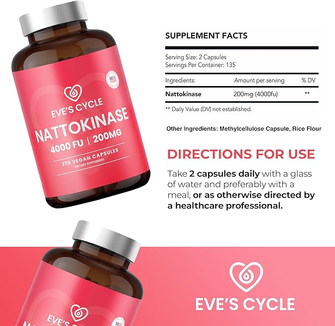 Eve's Cycle Nattokinase Supplement 4000 FU - 270 Vegan Natto Capsules - Premium Japanese Enzyme Natural Blood Thinner Organic No Stearates Non-GMO Made in USA