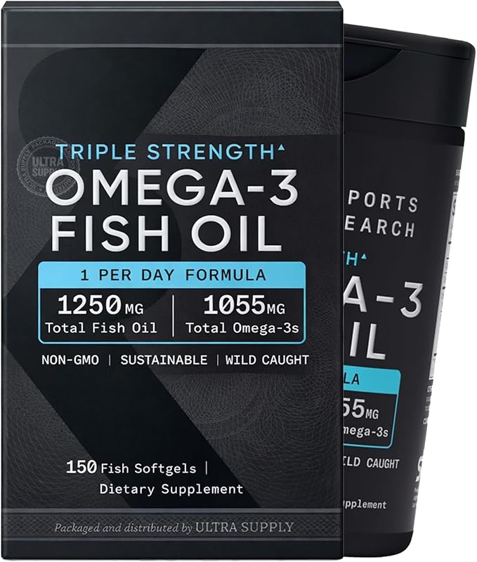 Sports Fish Oil Triple Strength (150 Count) Burp-Less Formula 1250 mg Fish Oil 1055mg Omega 3
