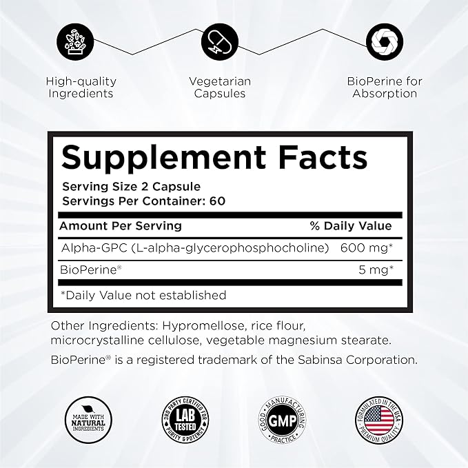 Alpha GPC Supplement &amp BioPerine for Hyper Absorption - 120 Count Alpha-GPC 600mg per Serving - Nootropics for Memory Focus Energy &amp Drive - Choline Supplements to Boost Acetylcholine Mad