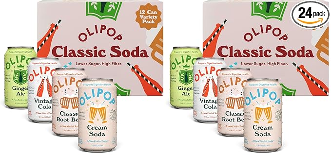 OLIPOP Prebiotic Soda Pop Classic Soda Variety Pantry Pack Packed with Prebiotics Fiber and Botanicals Gluten Free Vegan GMO Free 12oz (12-Cans) (Pack of 2)