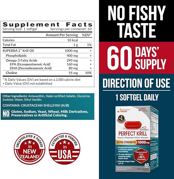 LABO Nutrition Perfect Krill 1000 mg Antarctic Krill Oil Omega 3 EPA DHA w/Phospholipids (&gt40%) Choline Astaxanthin | Supports Brain Eye Heart &amp Joint Health 60 softgels