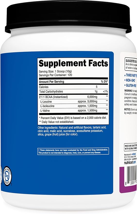 Nutricost BCAA Powder (Grape 120 Servings) - Gluten Free Non-GMO Vegetarian Optimal 2:1:1 Ratio