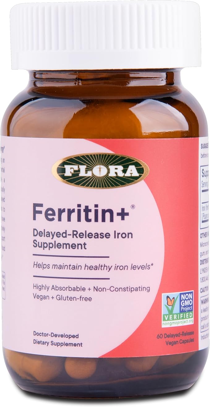 Flora Ferritin+ Delayed-Release Iron Supplement - Plant-Based Iron Supplement - Blood Cell &amp Energy Support - Vegan &amp Gluten-Free - Amber Glass Bottle - 60 Vegan Capsules
