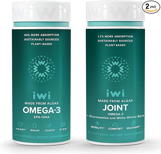 Iwi Omega-3 &amp Joint Omega-3 Bundle 30 Servings Vegan Plant-Based Algae Omega 3 Krill &amp Fish Oil Alternative No Fishy Aftertaste