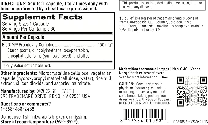 Klaire Labs BioDIM - 150mg Diindolylmethane Supplement - Promotes Healthy Estrogen Metabolism in Men &amp Women - Patented Bioavailable DIM - Dairy &amp Gluten-Free (60 Capsules)