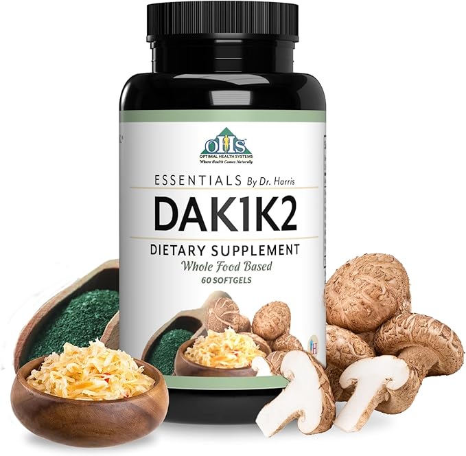 Optimal Health Systems Essential DAK1K2 | Vitamin D3 + A + K1 + K2 Immune Support Bone Health &amp Heart Health | Vitamin D w/MK-7 | 5000 IU | (Non-GMO Whole Food Gluten-Free) 60 Softgels
