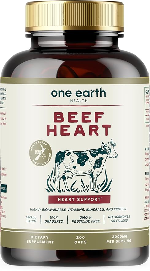 One Earth Health Grass Fed Beef Heart - New Zealand Sourced Heart. 3000mg per Serving 200 Count