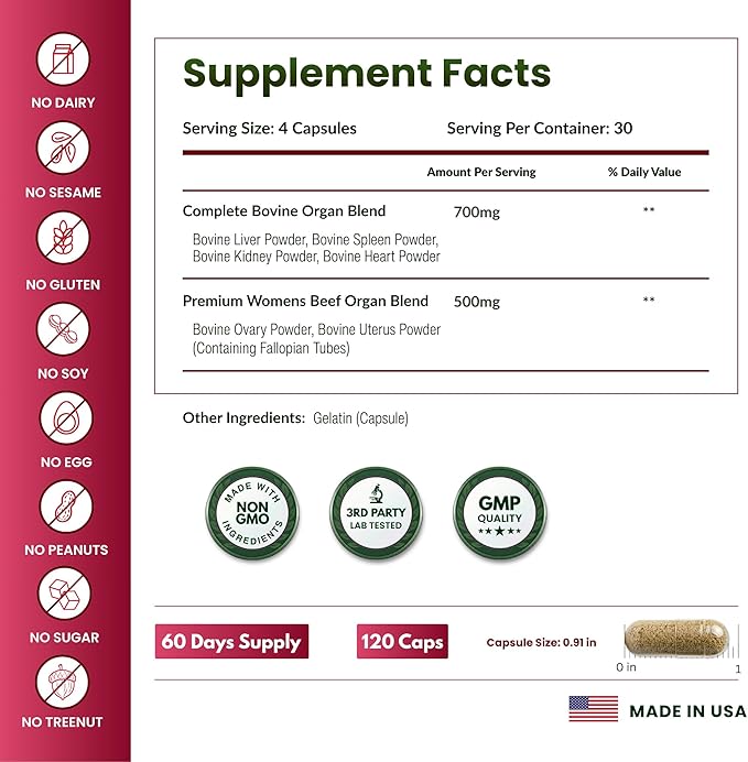 ForestLeaf Beef Organ Supplement for Women - Zero Fillers Grass Fed Beef Organs Complex - 1200mg per Serving - Support Women's Energy &amp Overall Health - 120 Capsules