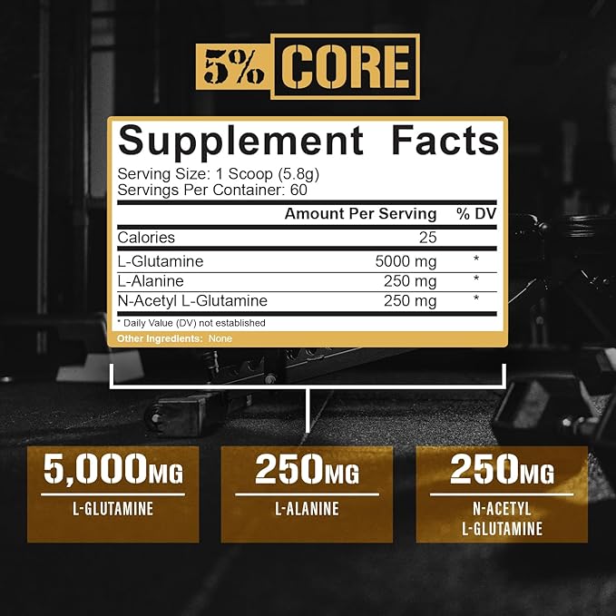 5% Nutrition Core L-Glutamine 5000 Supplement w/L-Alanine | Immune &amp Digestive Support | Amino Acid Muscle Builder Post Workout Recovery | Unflavored (60 Servings)