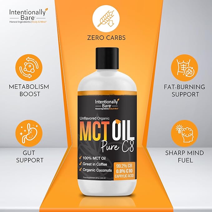 Intentionally Bare MCT Oil - Coconut Oil with 99.2% C8 and 0.8% C10 for Clean Energy Brain Health &amp Focus - MCT Oil C8 for Keto Paleo &amp Vegan Diet - Unflavored Coconut MCT for Coffee &amp S