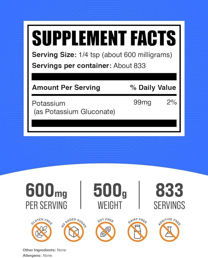 BulkSupplements.com Potassium Gluconate Powder - for Hydration Support Mineral Supplement Potassium 99mg - Gluten Free 600mg per Serving 500g (1.1 lbs) (Pack of 1)