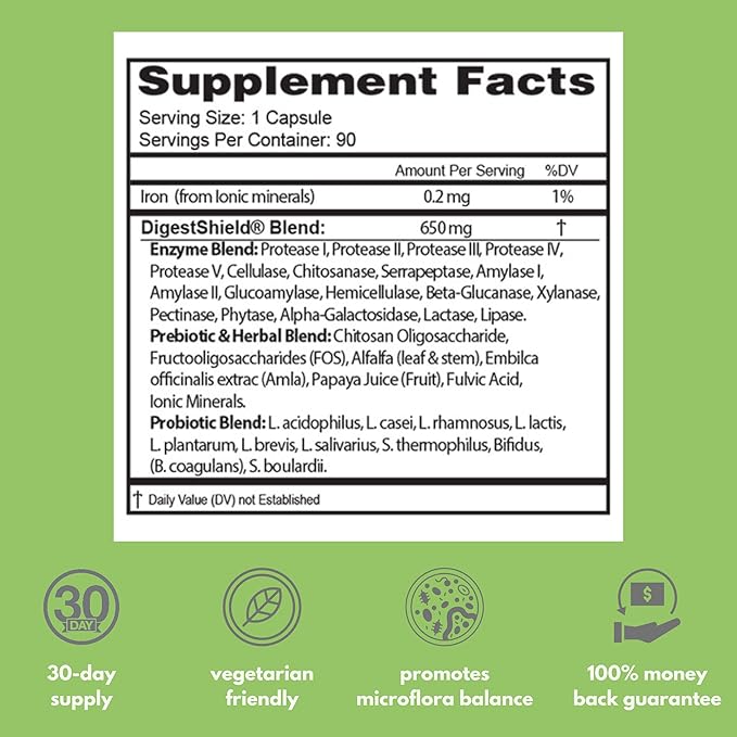 DigestShield® Probiotic &amp Prebiotic Supplement + Digestive Enzymes Beat the Bloat Safely Digest Dairy Gluten and Processed Foods Reduce Fat Absorption with Chitosan 90-Meal Supply